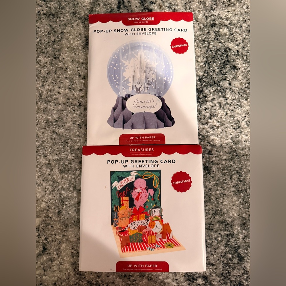 Pop Up Merry Christmas Seasons Greeting cards dogs puppies snow globe